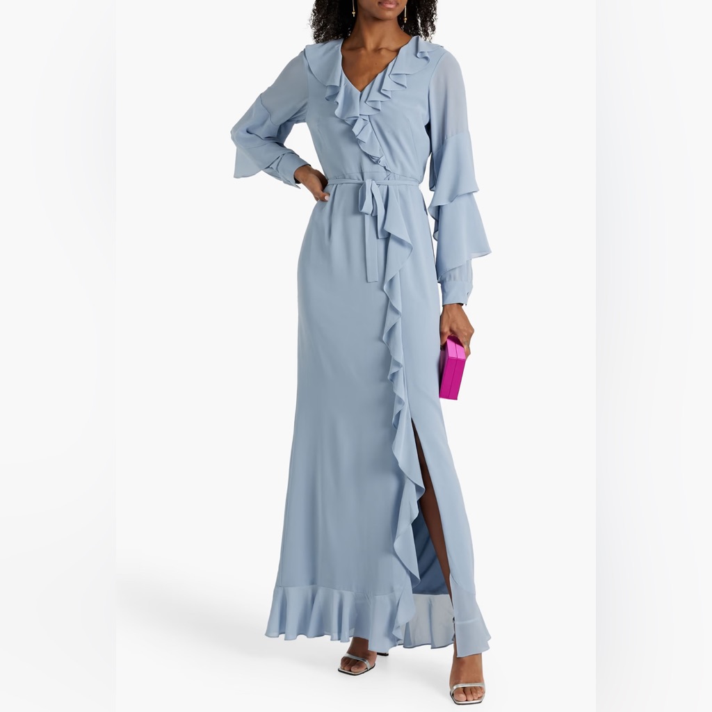 Mikael Aghal Blue Ruffled Crepe Maxi Dress Size 2 Nwt